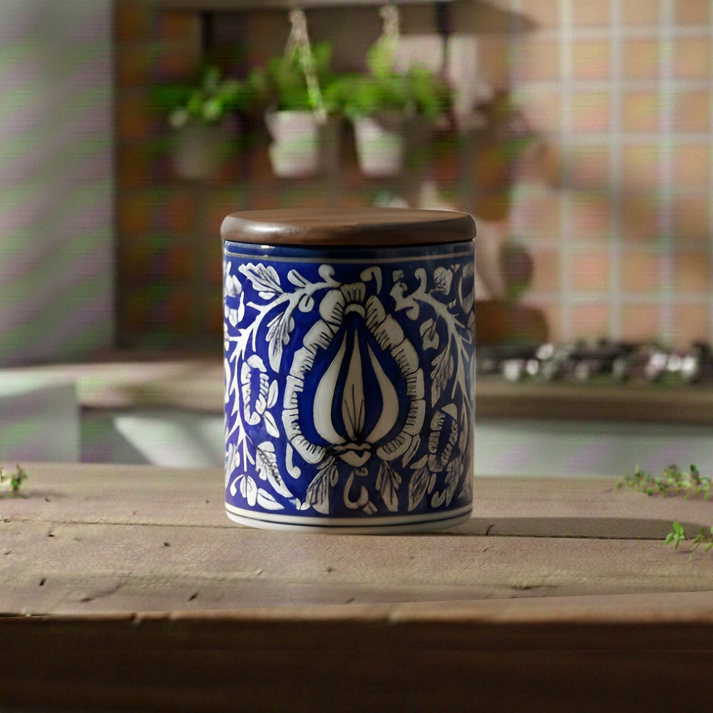 kalamkari blue circular ceramic canister set of 2 cylindrical storage jars with wooden lid for kitchen storage